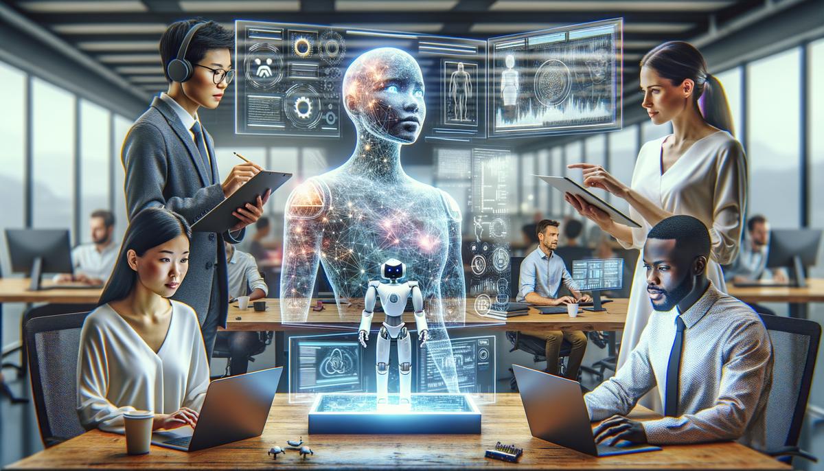 An image showcasing a diverse group of professionals working with AI technology in a modern office setting.