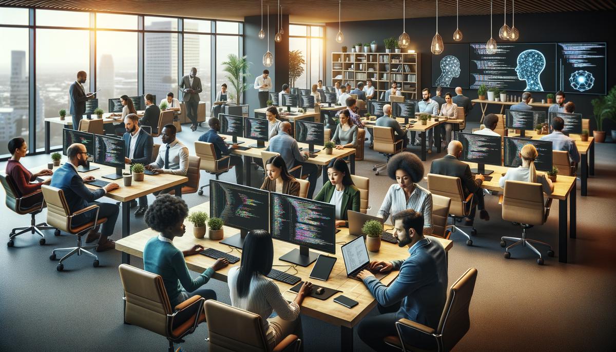 An image depicting professionals in a modern office setting, working on computers and collaborating on AI-related projects