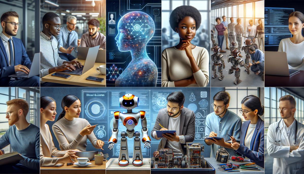A realistic image showcasing a diverse group of students and professionals collaborating on AI projects in a modern tech hub setting in South Africa