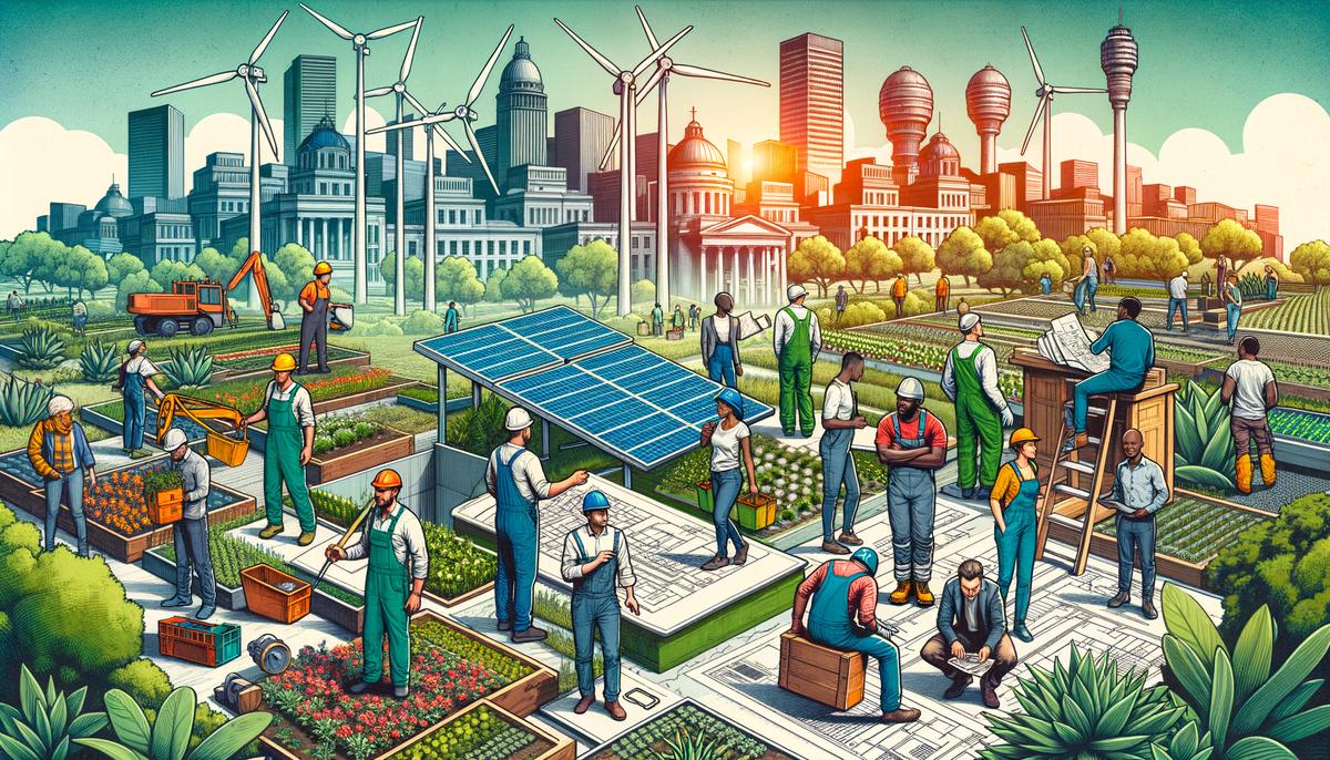 A realistic image showcasing a diverse group of people working together in various green job sectors such as renewable energy, green construction, and urban resilience.