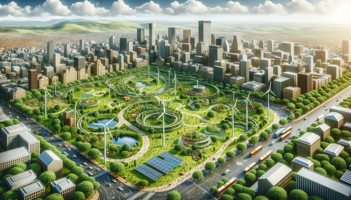 A realistic image showcasing Johannesburg's urban landscape with green spaces, renewable energy sources, and sustainable transportation options
