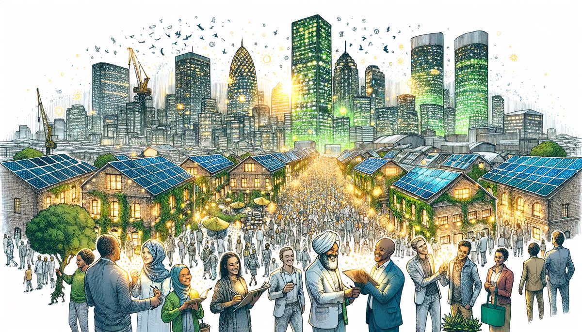 A realistic image showcasing a bustling cityscape with green infrastructure, solar panels on buildings, and people working in sustainable industries