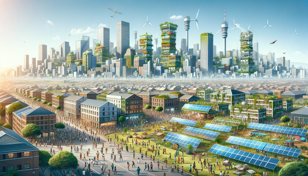 A realistic image showcasing a bustling city skyline with green infrastructure, solar panels, and diverse groups of people working together. The city is resilient against climate change impacts like floods and heatwaves.