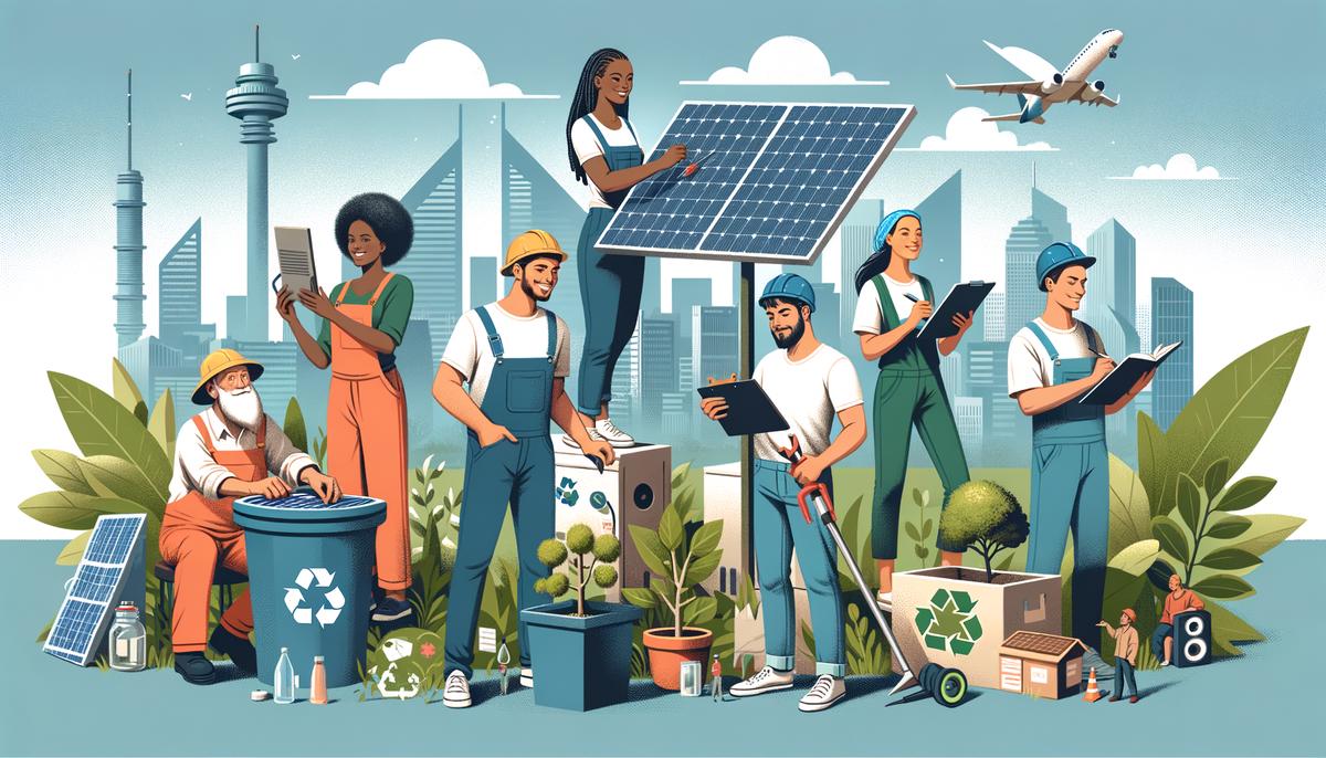 A realistic image showcasing a diverse group of individuals participating in green skills training and development programs in Johannesburg