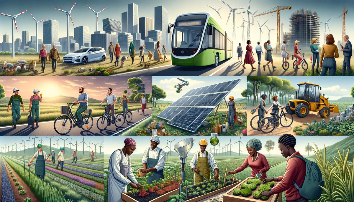 A realistic image showcasing various job sectors mentioned in Johannesburg's climate action plan, such as green construction, renewable energy, sustainable transport, and nature-based solutions