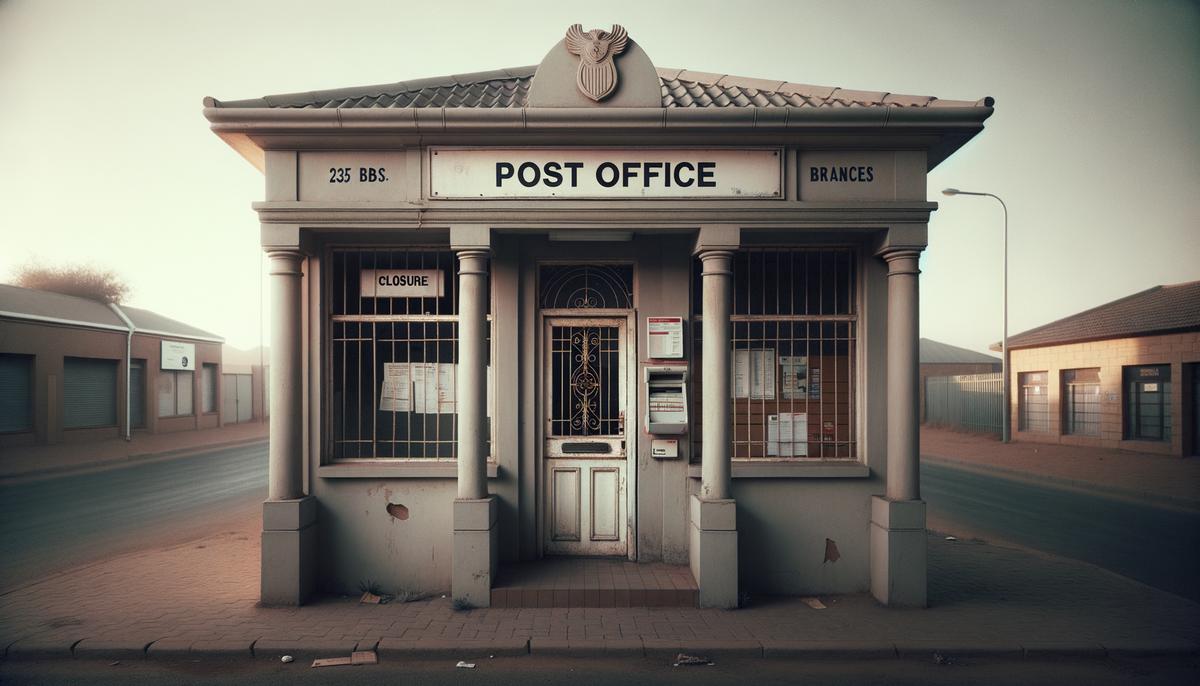A realistic image showing a South African Post Office branch with a 'Closed' sign on the door and empty counters inside.