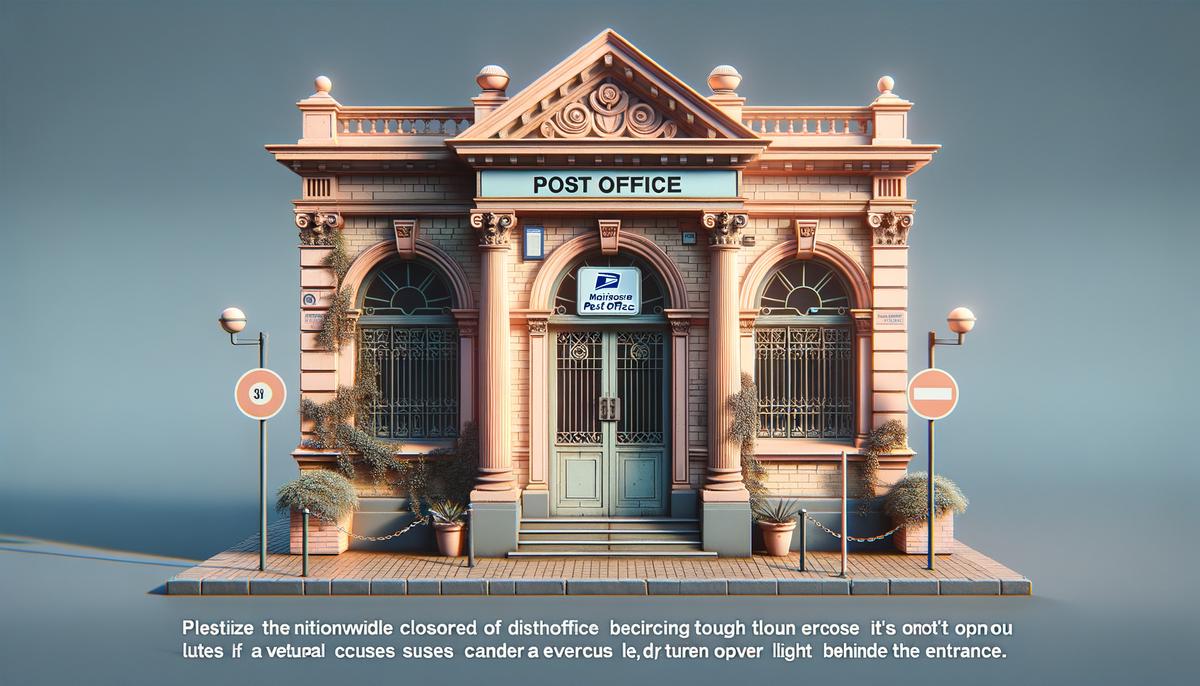 A realistic image of a South African Post Office branch with a 'Closed' sign on the door